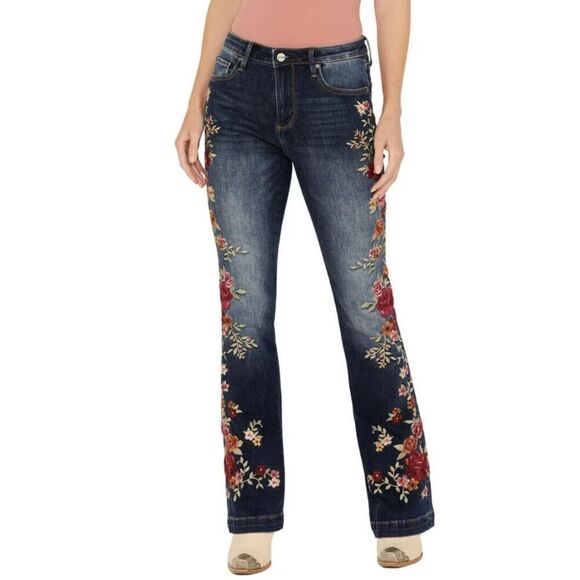 Driftwood xFree People Sz 29 Med. Wash Wyatt Floral Embroidered Bootcut Jeans - Picture 9 of 12